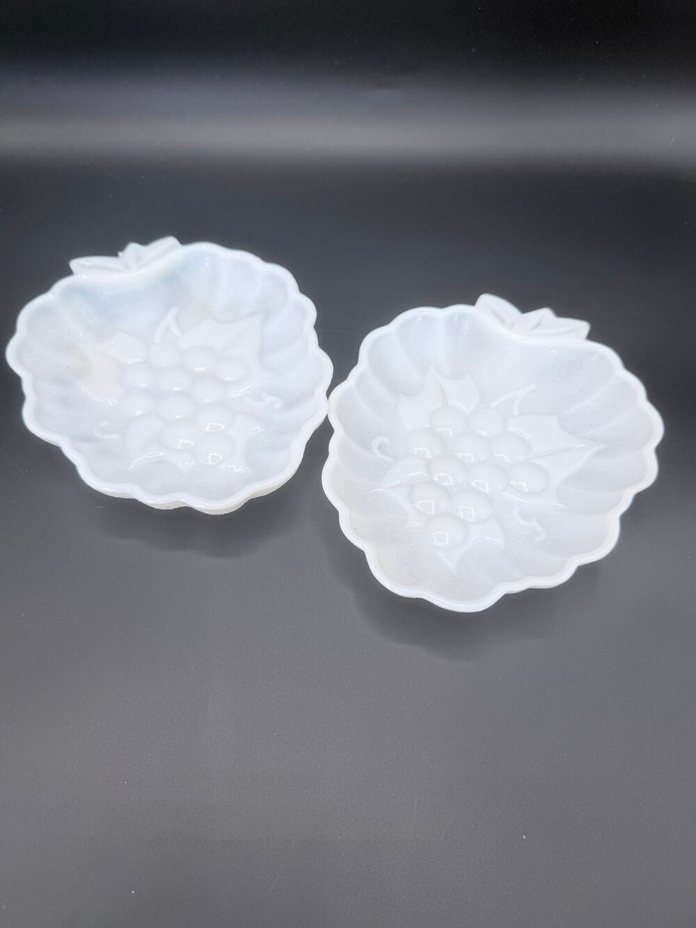 Vintage Hazel Atlas Milk Glass Grape Cluster Relish Candy Dishes Pair 7in